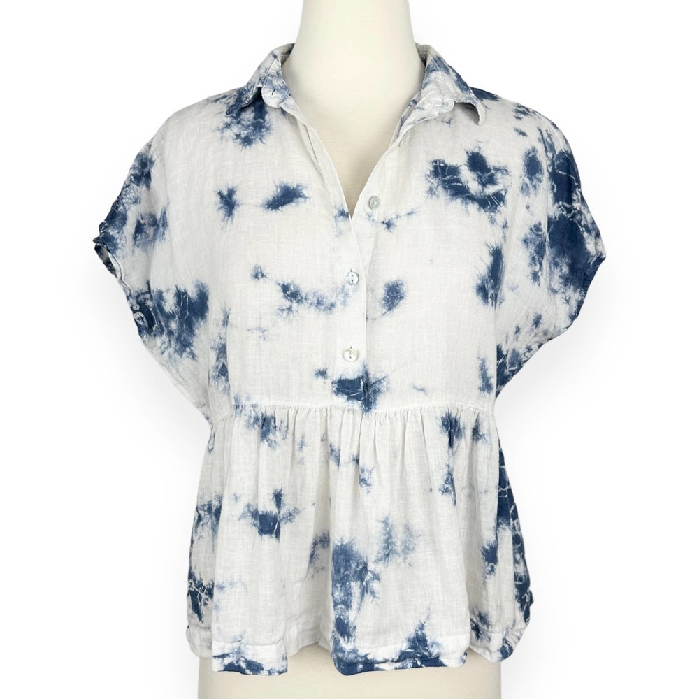 Racheal Zoe babydoll 100% Linen Lagenlook peplum oversized top XS White Blue - Picture 2 of 12